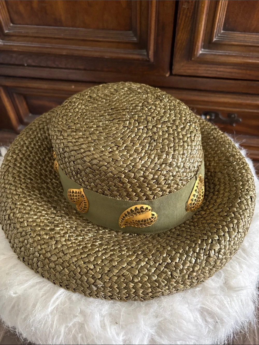 Vintage Eric Javits Green straw hat with gold leaf detail - Picture 6 of 16